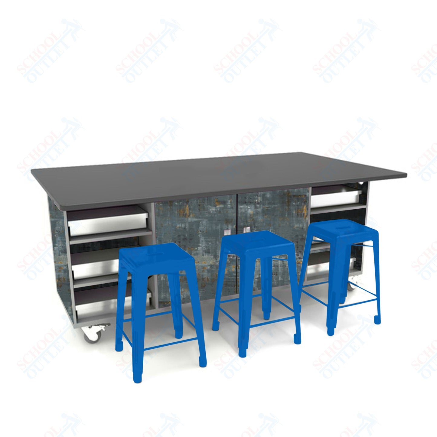 CEF ED Double Table 36"H Chemical Resistant Top, Laminate Base with  6 Stools, Storage bins, and Electrical Outlets Included.