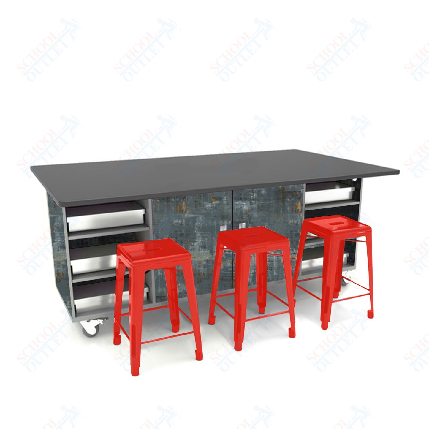 CEF ED Double Table 36"H Chemical Resistant Top, Laminate Base with  6 Stools, Storage bins, and Electrical Outlets Included.