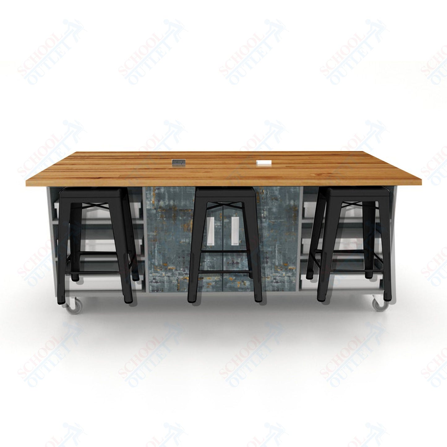 CEF ED Double Table 36"H Butcher Block Top, Laminate Base with  6 Stools, Storage bins, and Electrical Outlets Included.
