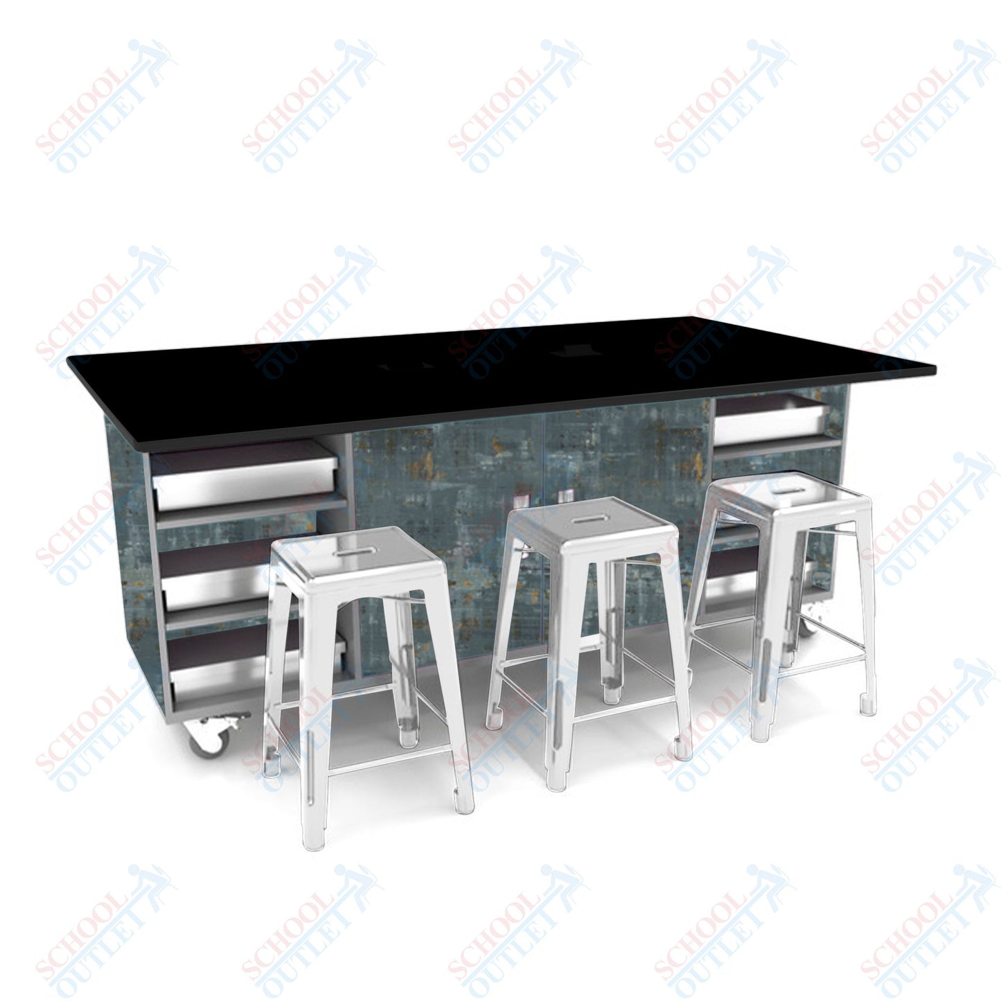 CEF ED Double Table 36"H Tough Top, Laminate Base with 6 Stools, Storage bins, and Electrical Outlets Included. - SchoolOutlet
