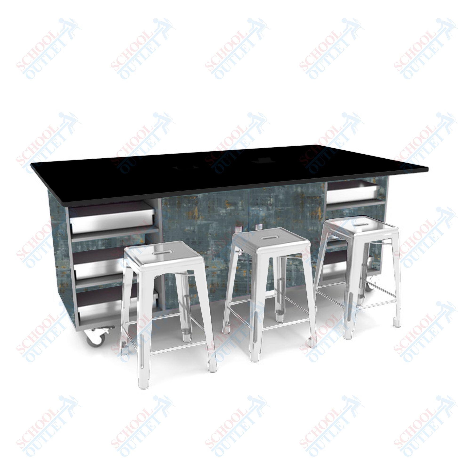 CEF ED Double Table 36"H Tough Top, Laminate Base with 6 Stools, Storage bins, and Electrical Outlets Included. - SchoolOutlet