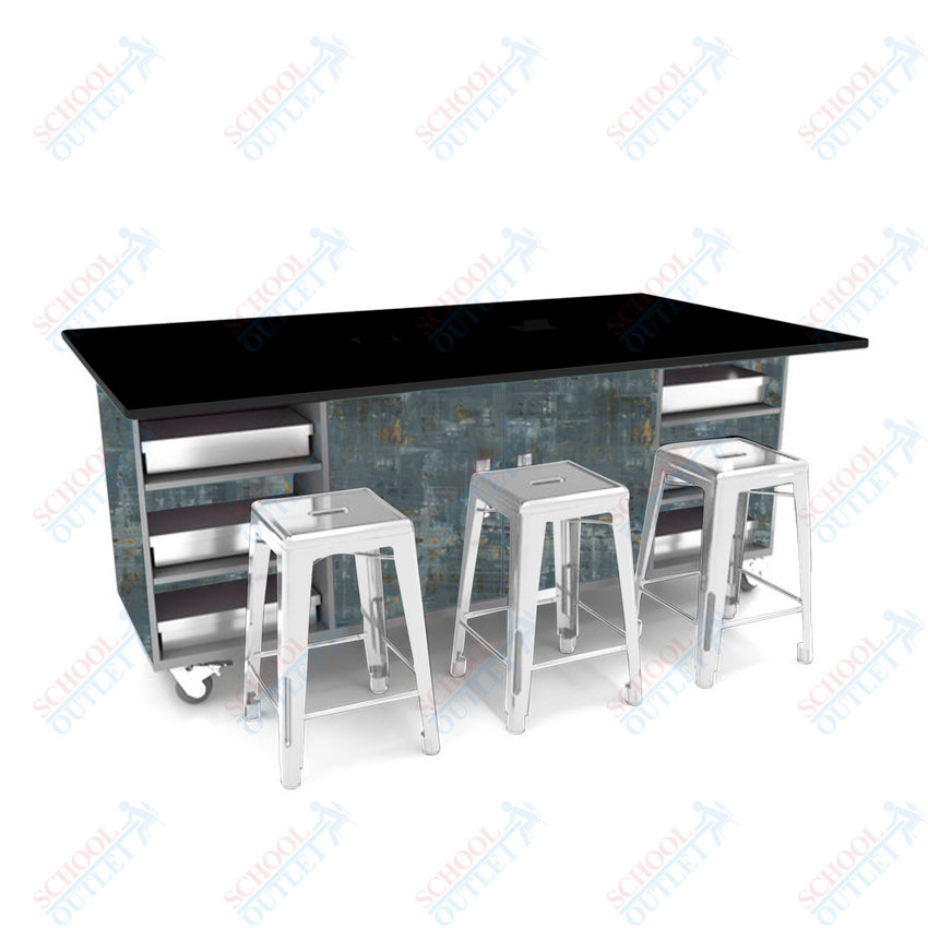 CEF ED Double Table 36"H Tough Top, Laminate Base with 6 Stools, Storage bins, and Electrical Outlets Included. - SchoolOutlet