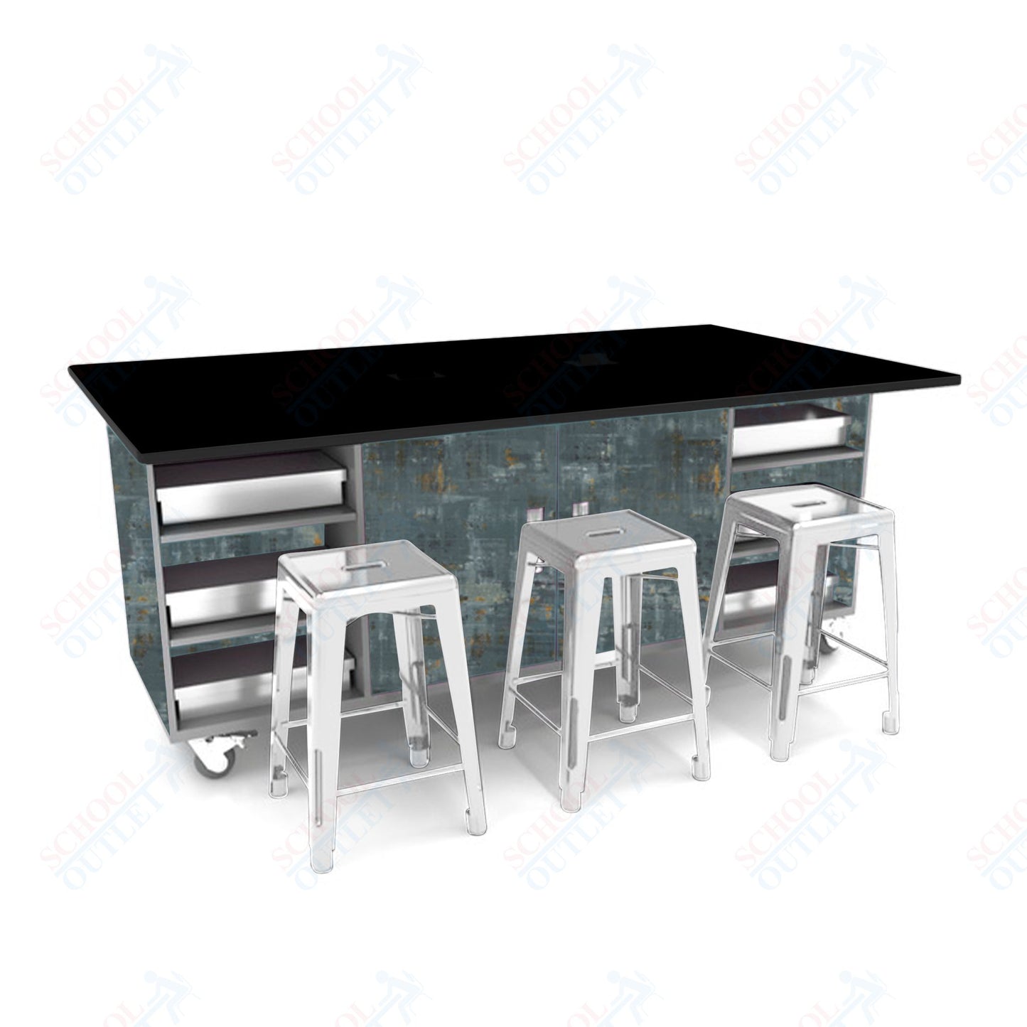 CEF ED Double Table 36"H Tough Top, Laminate Base with  6 Stools, Storage bins, and Electrical Outlets Included.