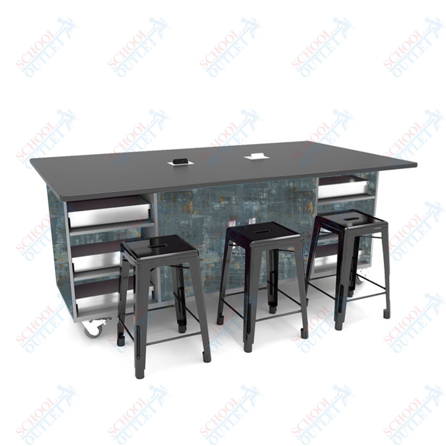 CEF ED Double Table 36"H Tough Top, Laminate Base with 6 Stools, Storage bins, and Electrical Outlets Included. - SchoolOutlet