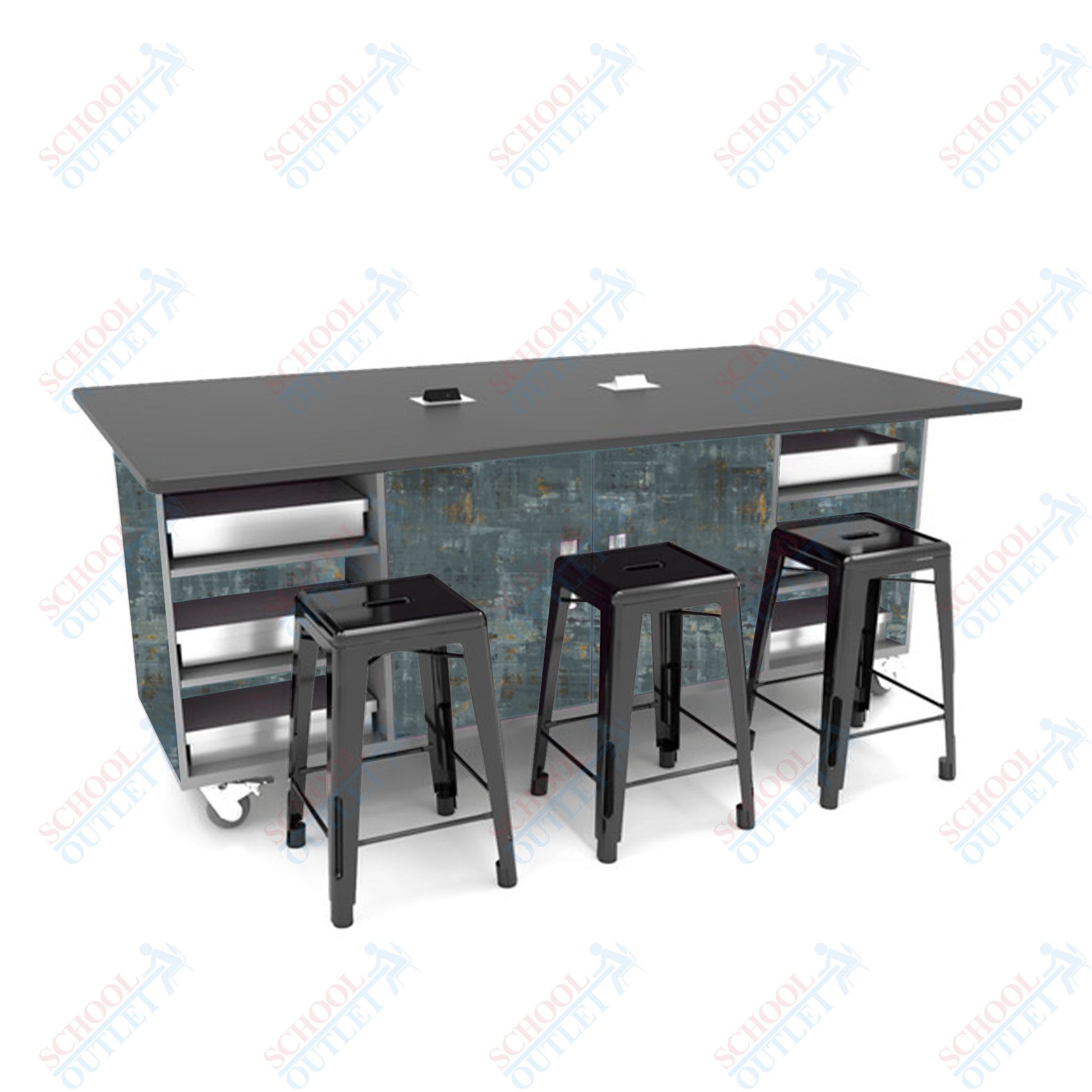 CEF ED Double Table 36"H Tough Top, Laminate Base with 6 Stools, Storage bins, and Electrical Outlets Included. - SchoolOutlet