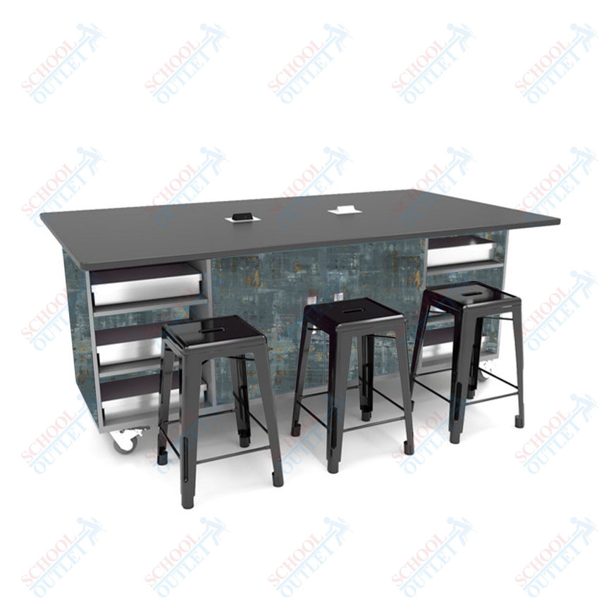 CEF ED Double Table 36"H Tough Top, Laminate Base with 6 Stools, Storage bins, and Electrical Outlets Included. - SchoolOutlet