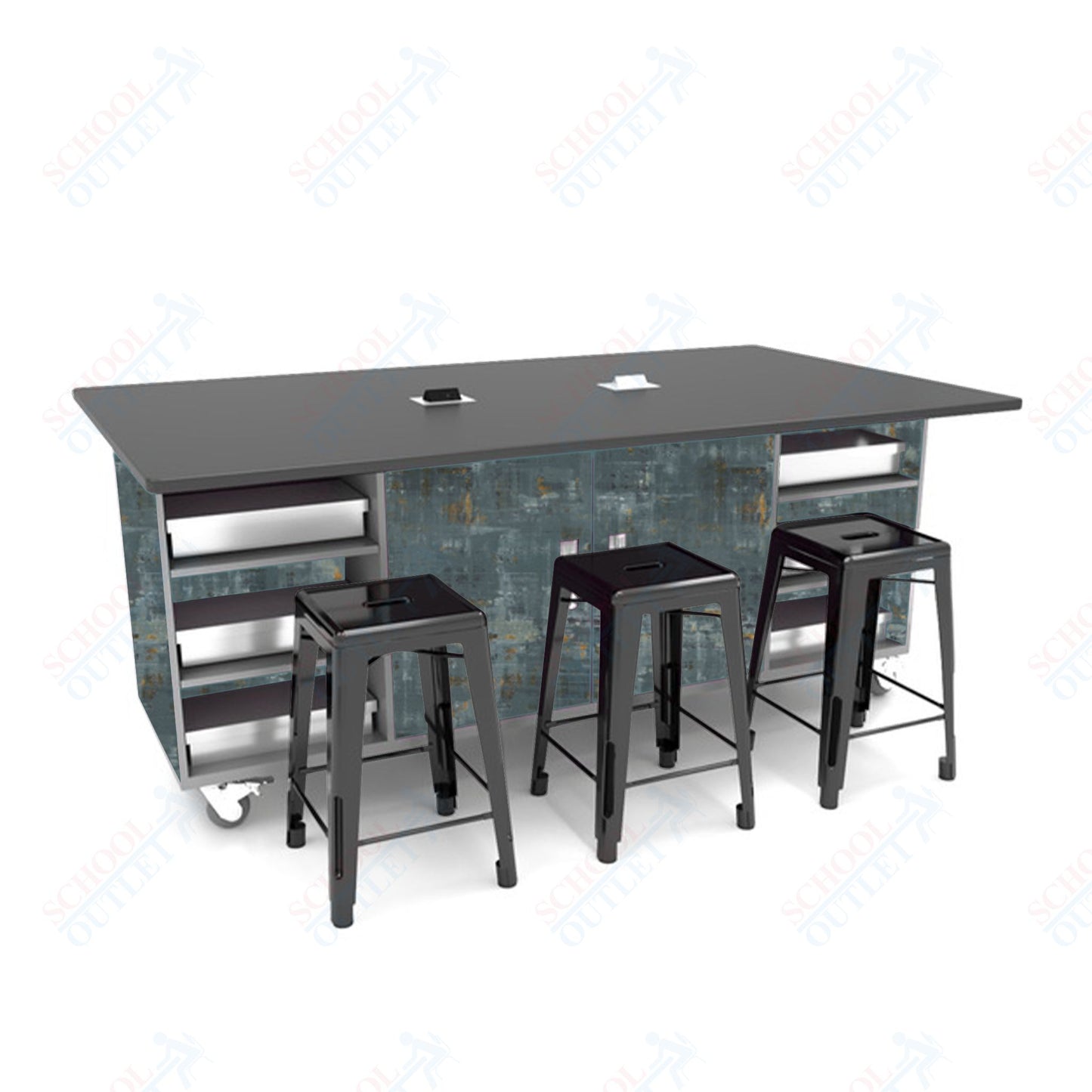 CEF ED Double Table 36"H Tough Top, Laminate Base with  6 Stools, Storage bins, and Electrical Outlets Included.