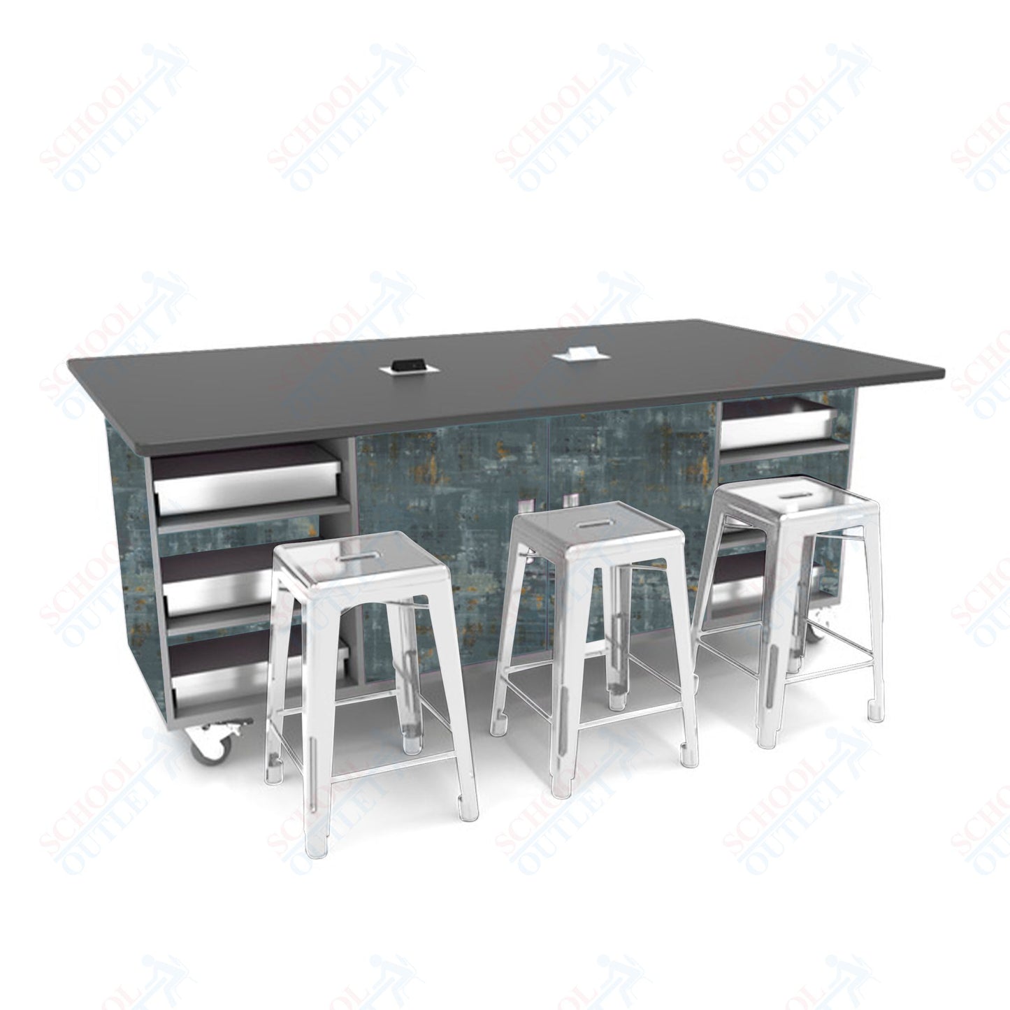 CEF ED Double Table 36"H Tough Top, Laminate Base with  6 Stools, Storage bins, and Electrical Outlets Included.