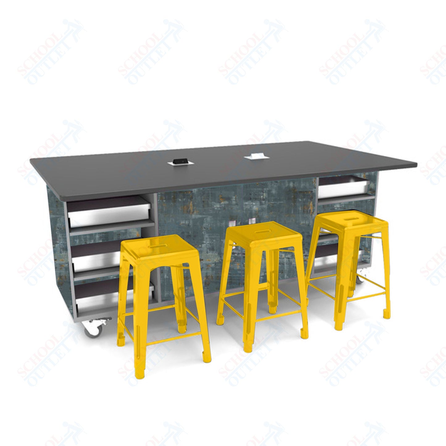CEF ED Double Table 36"H Tough Top, Laminate Base with  6 Stools, Storage bins, and Electrical Outlets Included.