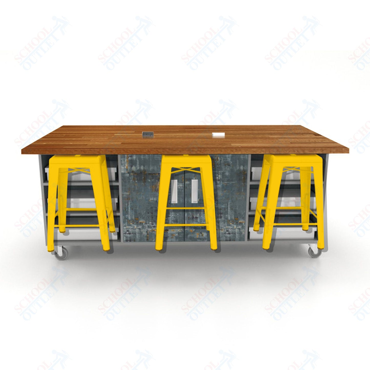 CEF ED Double Table 36"H Butcher Block Top, Laminate Base with  6 Stools, Storage bins, and Electrical Outlets Included.