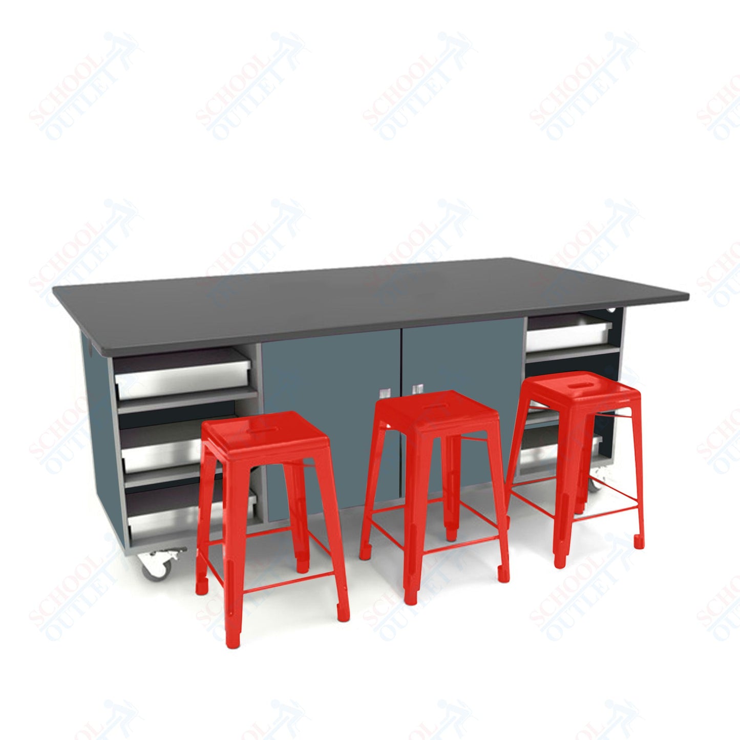 CEF ED Double Table 36"H Chemical Resistant Top, Laminate Base with  6 Stools, Storage bins, and Electrical Outlets Included.