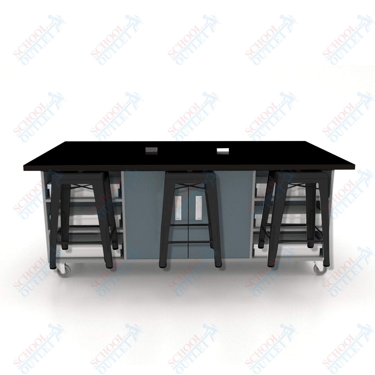 CEF ED Double Table 36"H High Pressure Laminate Top, Laminate Base with  6 Stools, Storage bins, and Electrical Outlets Included.