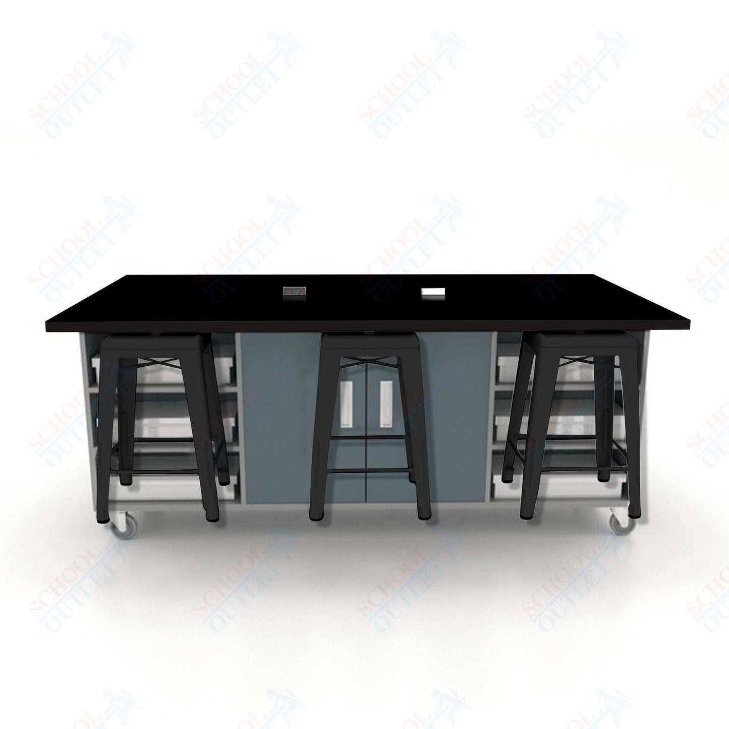 CEF ED Double Table 36"H High Pressure Laminate Top, Laminate Base with  6 Stools, Storage bins, and Electrical Outlets Included.