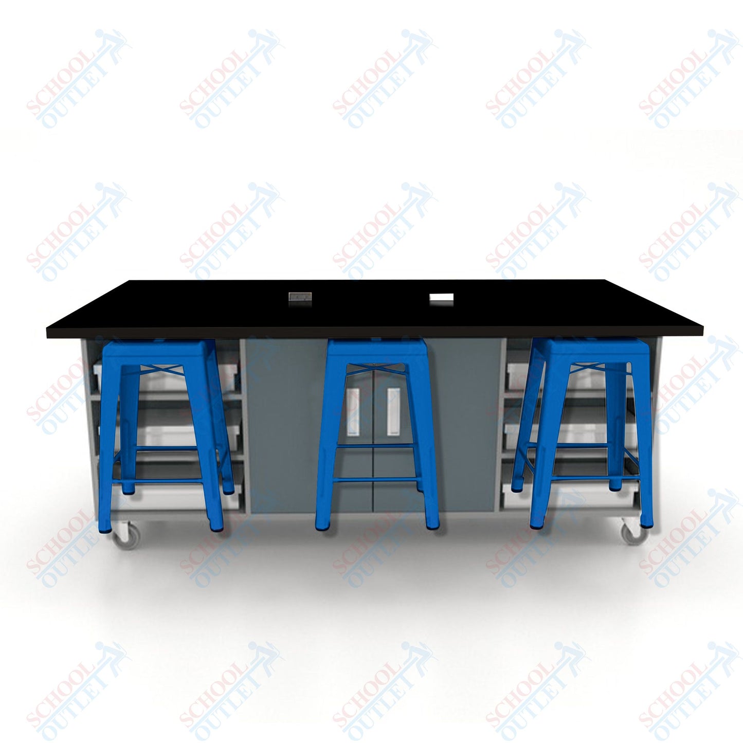 CEF ED Double Table 36"H High Pressure Laminate Top, Laminate Base with  6 Stools, Storage bins, and Electrical Outlets Included.