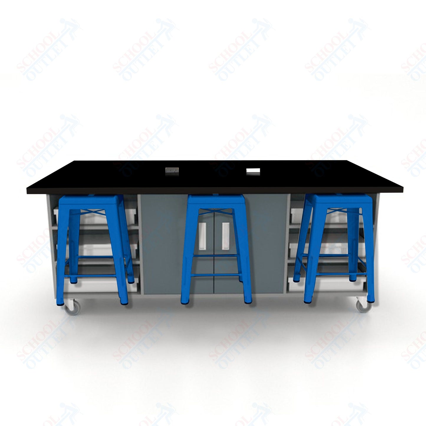 CEF ED Double Table 36"H High Pressure Laminate Top, Laminate Base with  6 Stools, Storage bins, and Electrical Outlets Included.