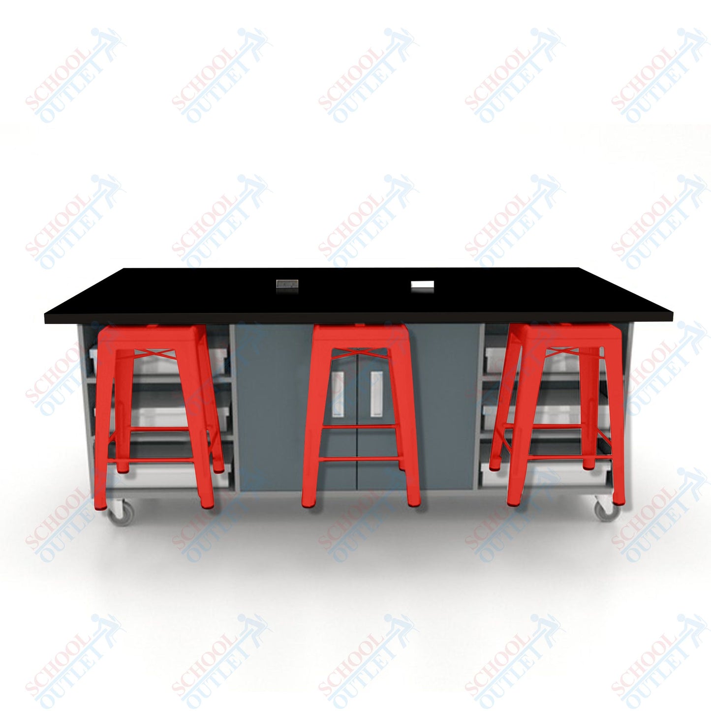 CEF ED Double Table 36"H High Pressure Laminate Top, Laminate Base with  6 Stools, Storage bins, and Electrical Outlets Included.