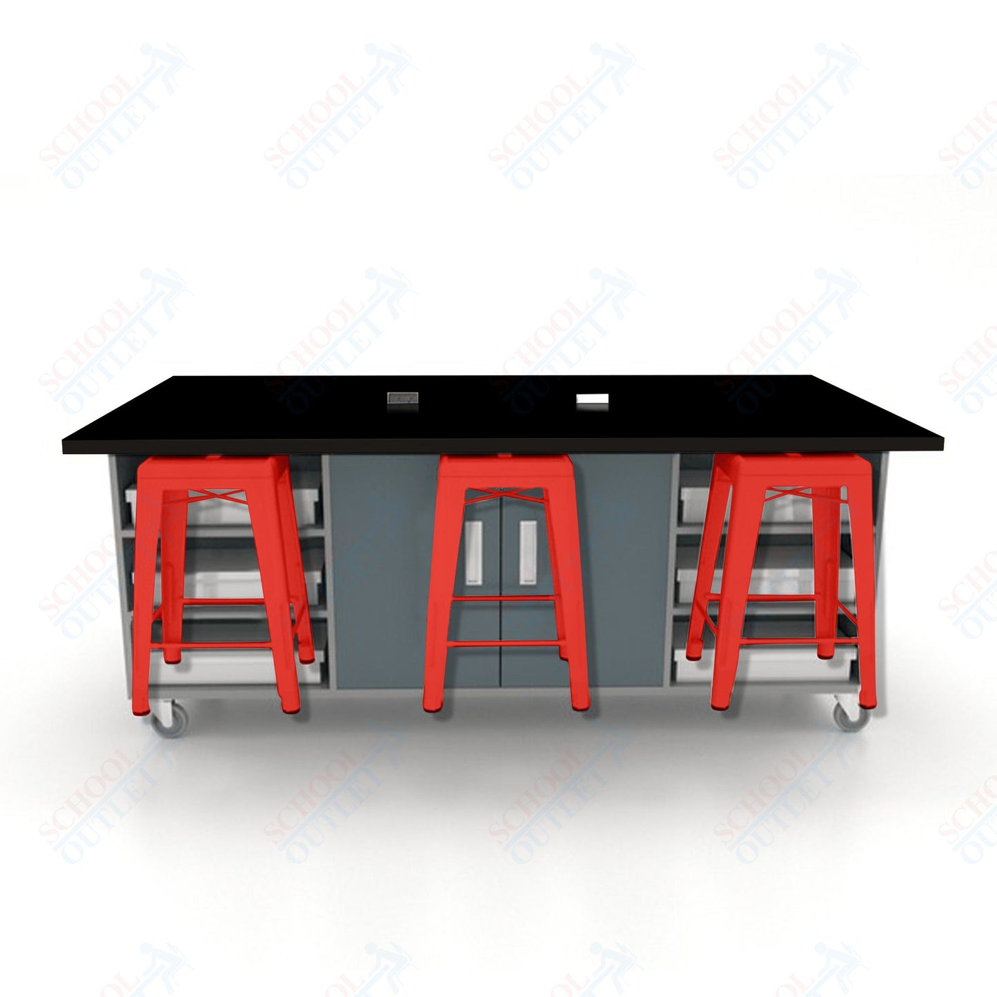 CEF ED Double Table 36"H High Pressure Laminate Top, Laminate Base with  6 Stools, Storage bins, and Electrical Outlets Included.