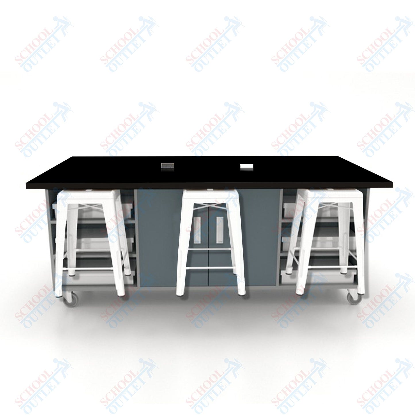 CEF ED Double Table 36"H High Pressure Laminate Top, Laminate Base with  6 Stools, Storage bins, and Electrical Outlets Included.