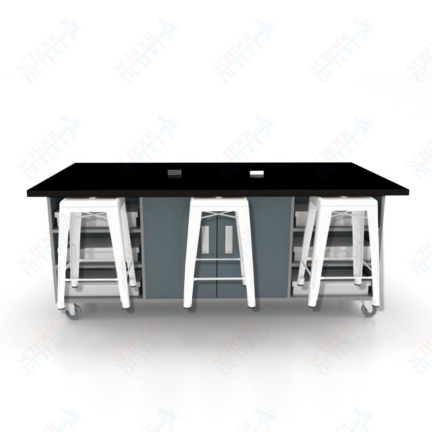 CEF ED Double Table 36"H High Pressure Laminate Top, Laminate Base with  6 Stools, Storage bins, and Electrical Outlets Included.