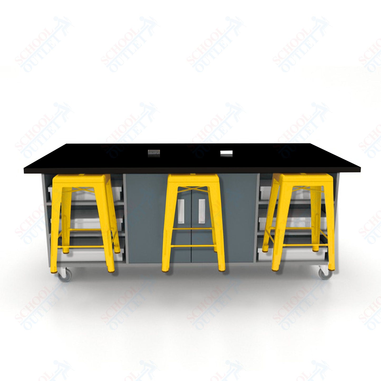 CEF ED Double Table 36"H High Pressure Laminate Top, Laminate Base with  6 Stools, Storage bins, and Electrical Outlets Included.