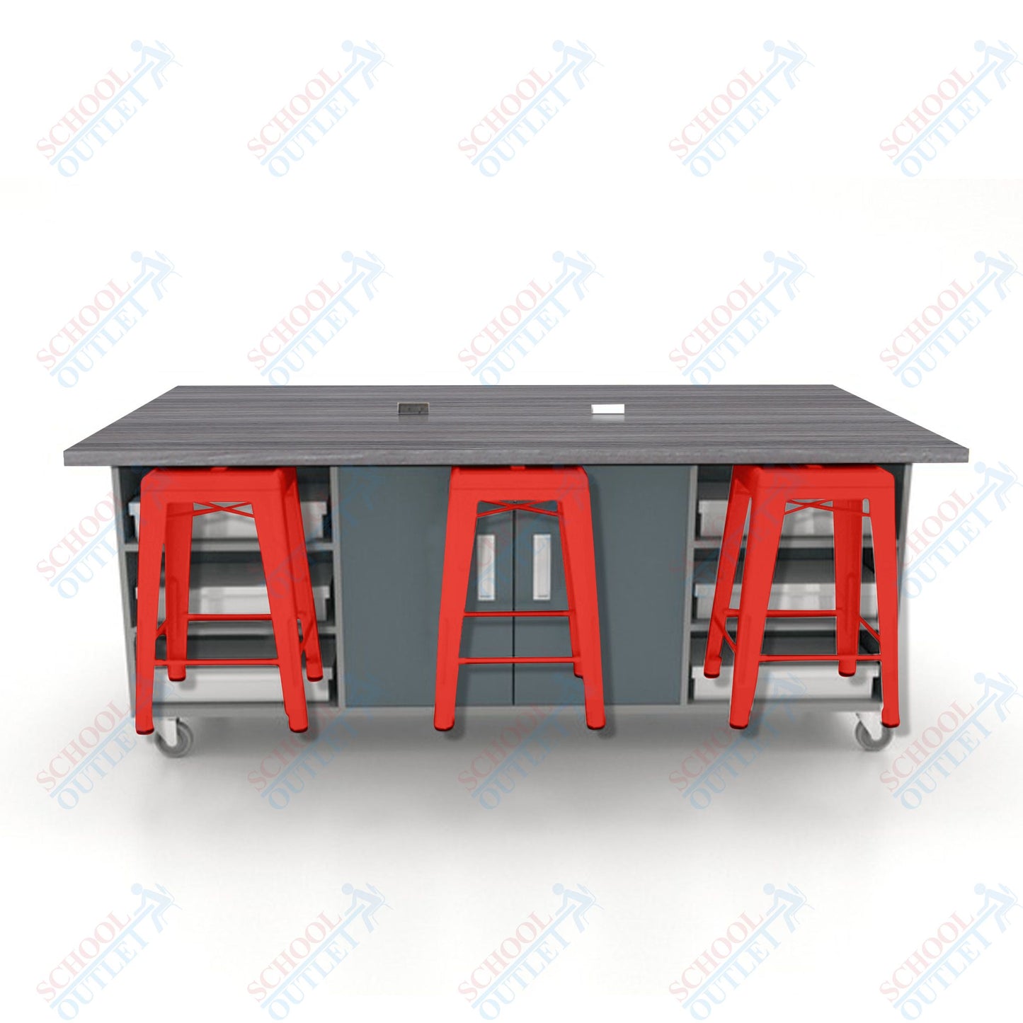 CEF ED Double Table 36"H High Pressure Laminate Top, Laminate Base with  6 Stools, Storage bins, and Electrical Outlets Included.