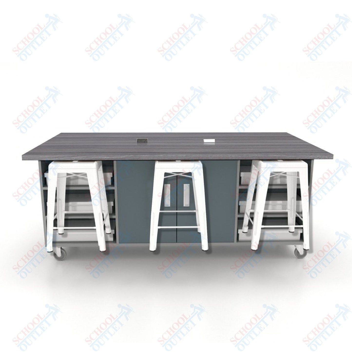 CEF ED Double Table 36"H High Pressure Laminate Top, Laminate Base with  6 Stools, Storage bins, and Electrical Outlets Included.