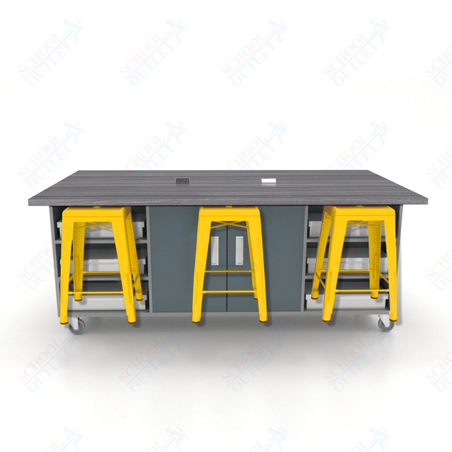 CEF ED Double Table 36"H High Pressure Laminate Top, Laminate Base with  6 Stools, Storage bins, and Electrical Outlets Included.