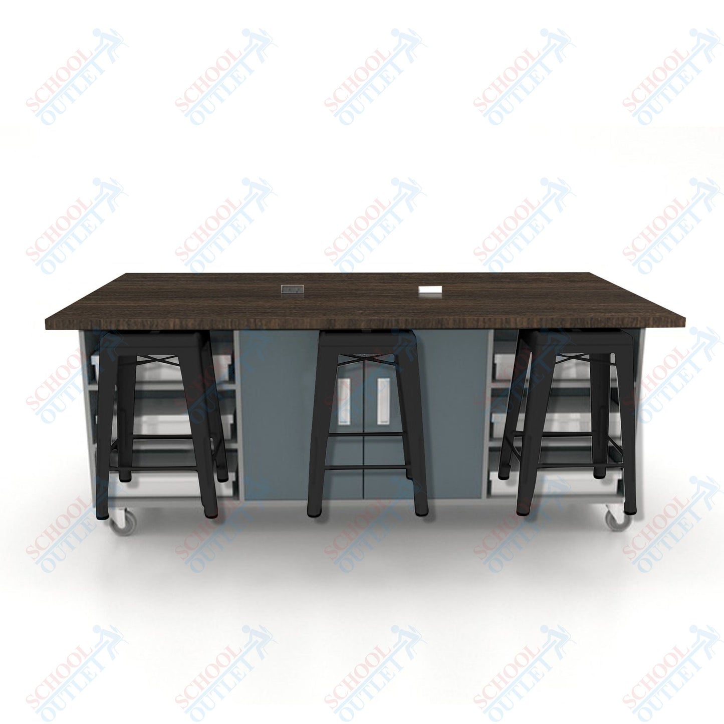 CEF ED Double Table 36"H High Pressure Laminate Top, Laminate Base with  6 Stools, Storage bins, and Electrical Outlets Included.