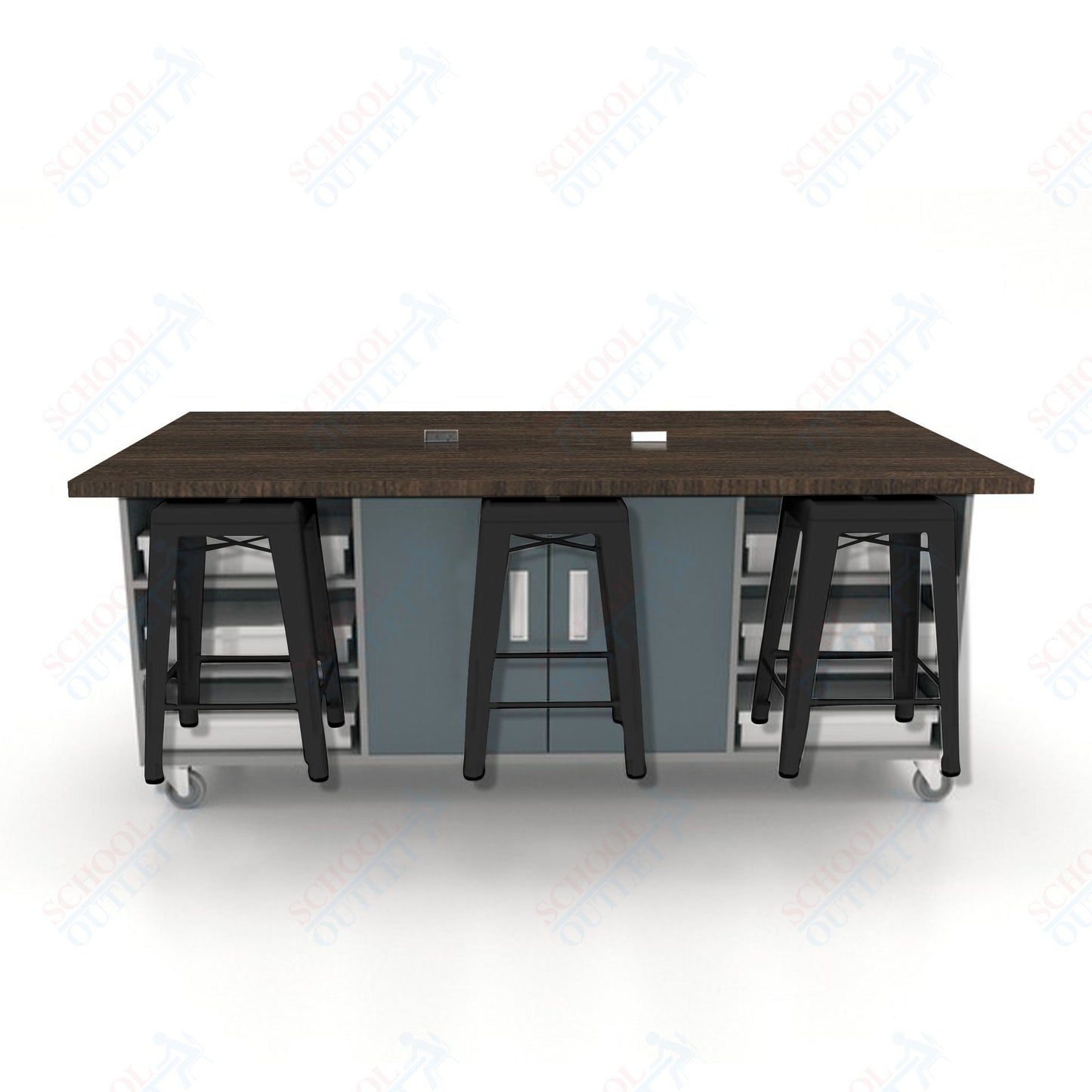 CEF ED Double Table 36"H High Pressure Laminate Top, Laminate Base with  6 Stools, Storage bins, and Electrical Outlets Included.