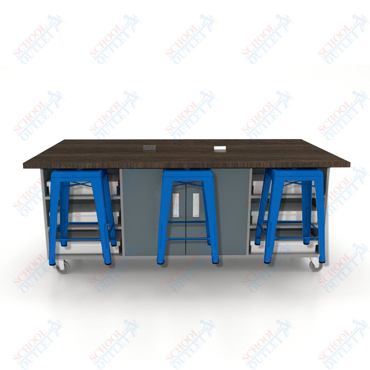 CEF ED Double Table 36"H High Pressure Laminate Top, Laminate Base with  6 Stools, Storage bins, and Electrical Outlets Included.