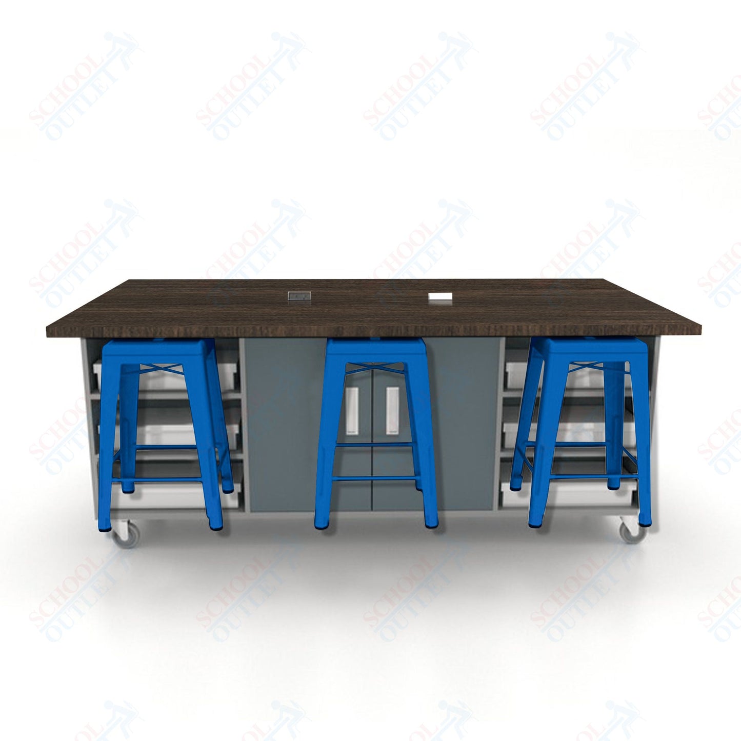 CEF ED Double Table 36"H High Pressure Laminate Top, Laminate Base with  6 Stools, Storage bins, and Electrical Outlets Included.
