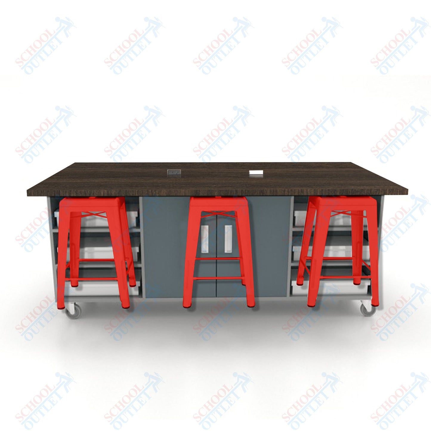CEF ED Double Table 36"H High Pressure Laminate Top, Laminate Base with  6 Stools, Storage bins, and Electrical Outlets Included.