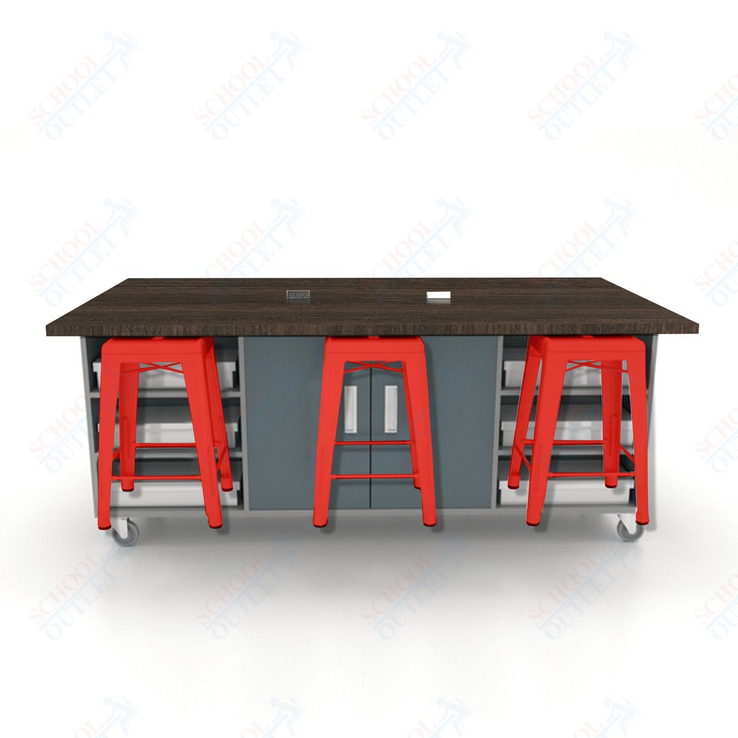 CEF ED Double Table 36"H High Pressure Laminate Top, Laminate Base with  6 Stools, Storage bins, and Electrical Outlets Included.