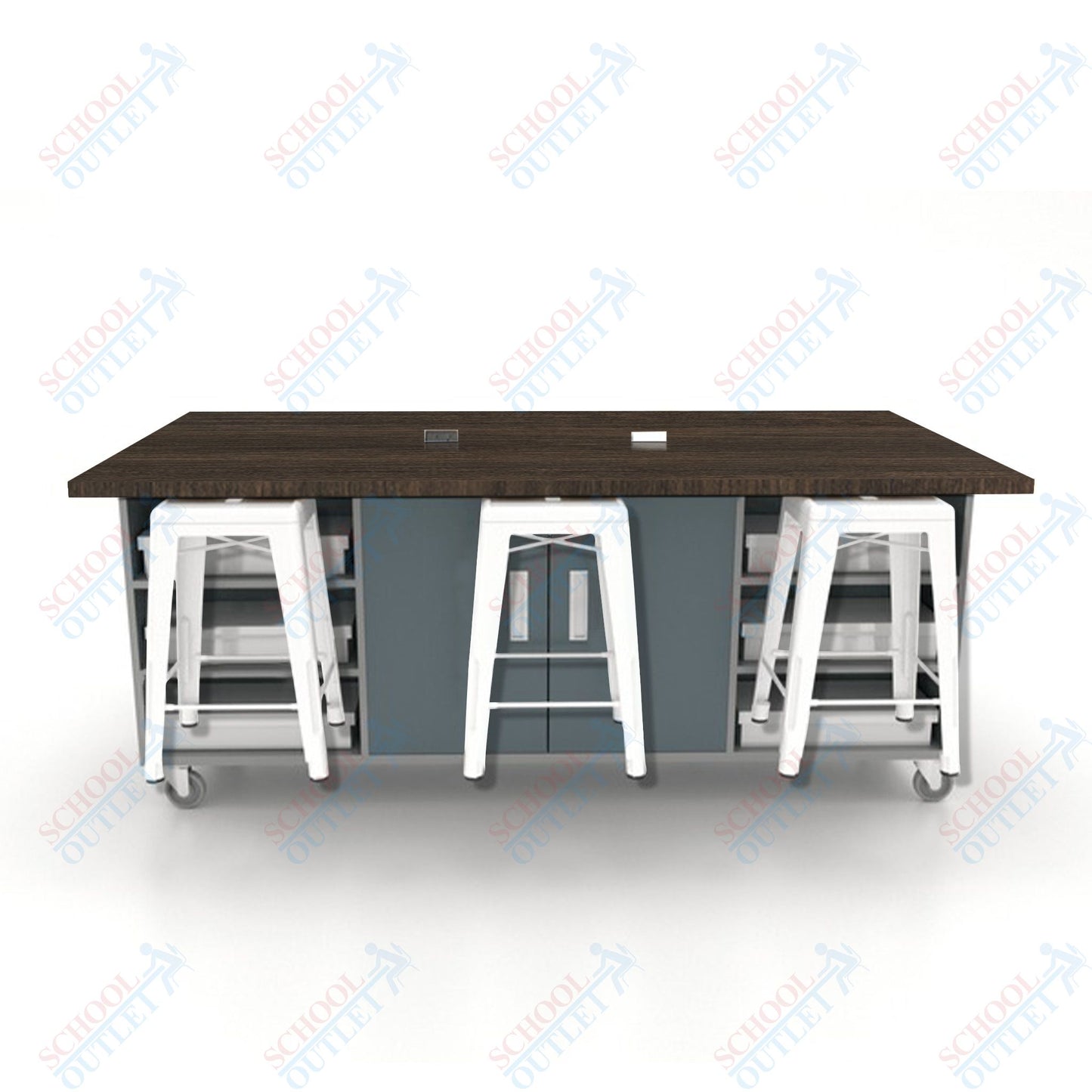 CEF ED Double Table 36"H High Pressure Laminate Top, Laminate Base with  6 Stools, Storage bins, and Electrical Outlets Included.