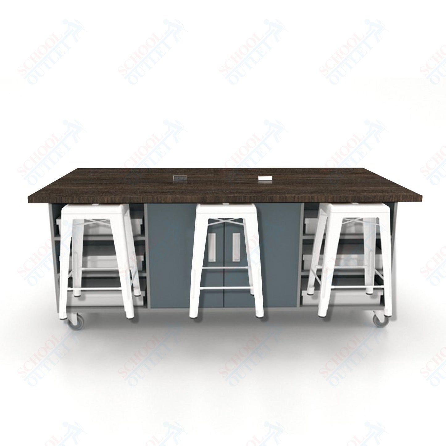 CEF ED Double Table 36"H High Pressure Laminate Top, Laminate Base with  6 Stools, Storage bins, and Electrical Outlets Included.