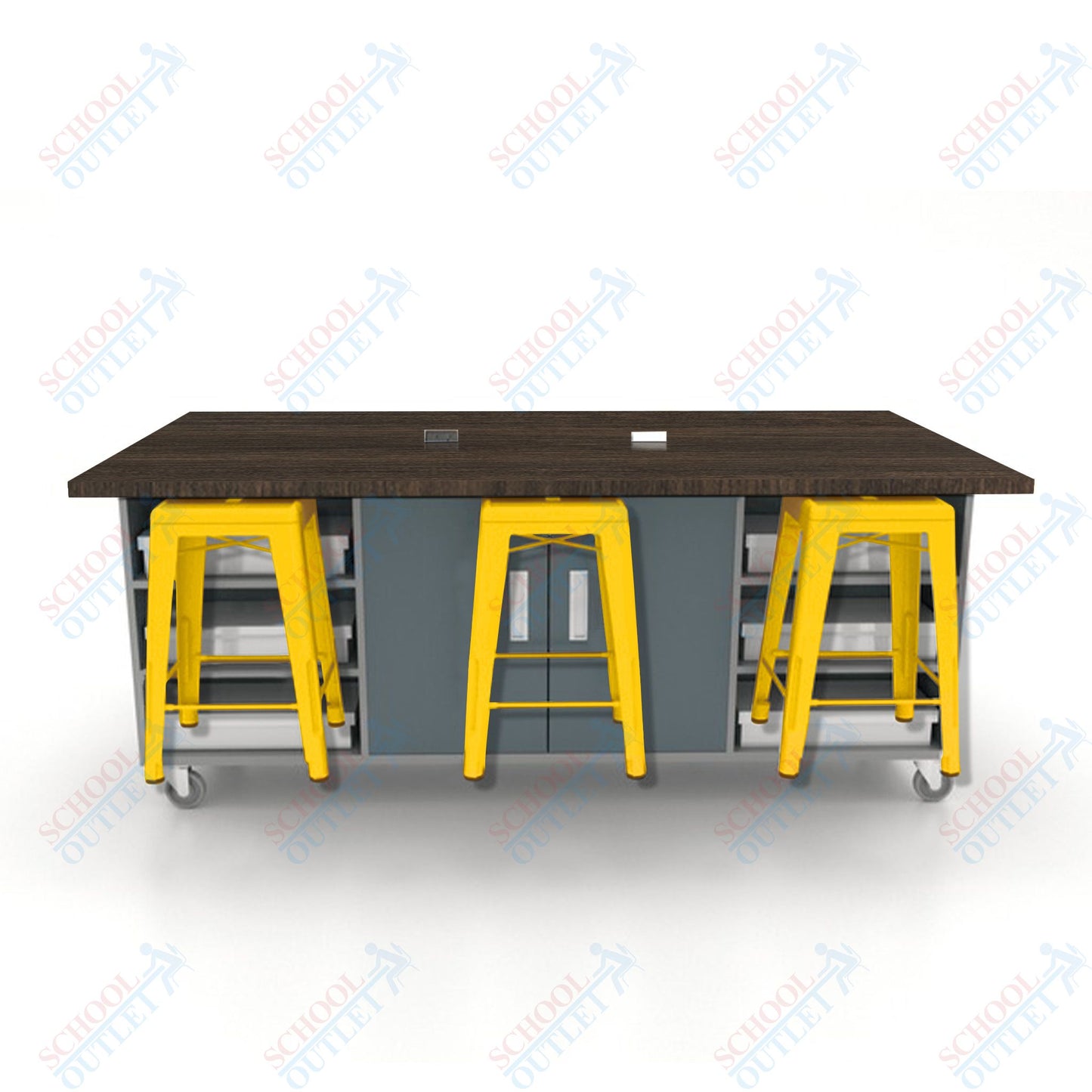 CEF ED Double Table 36"H High Pressure Laminate Top, Laminate Base with  6 Stools, Storage bins, and Electrical Outlets Included.