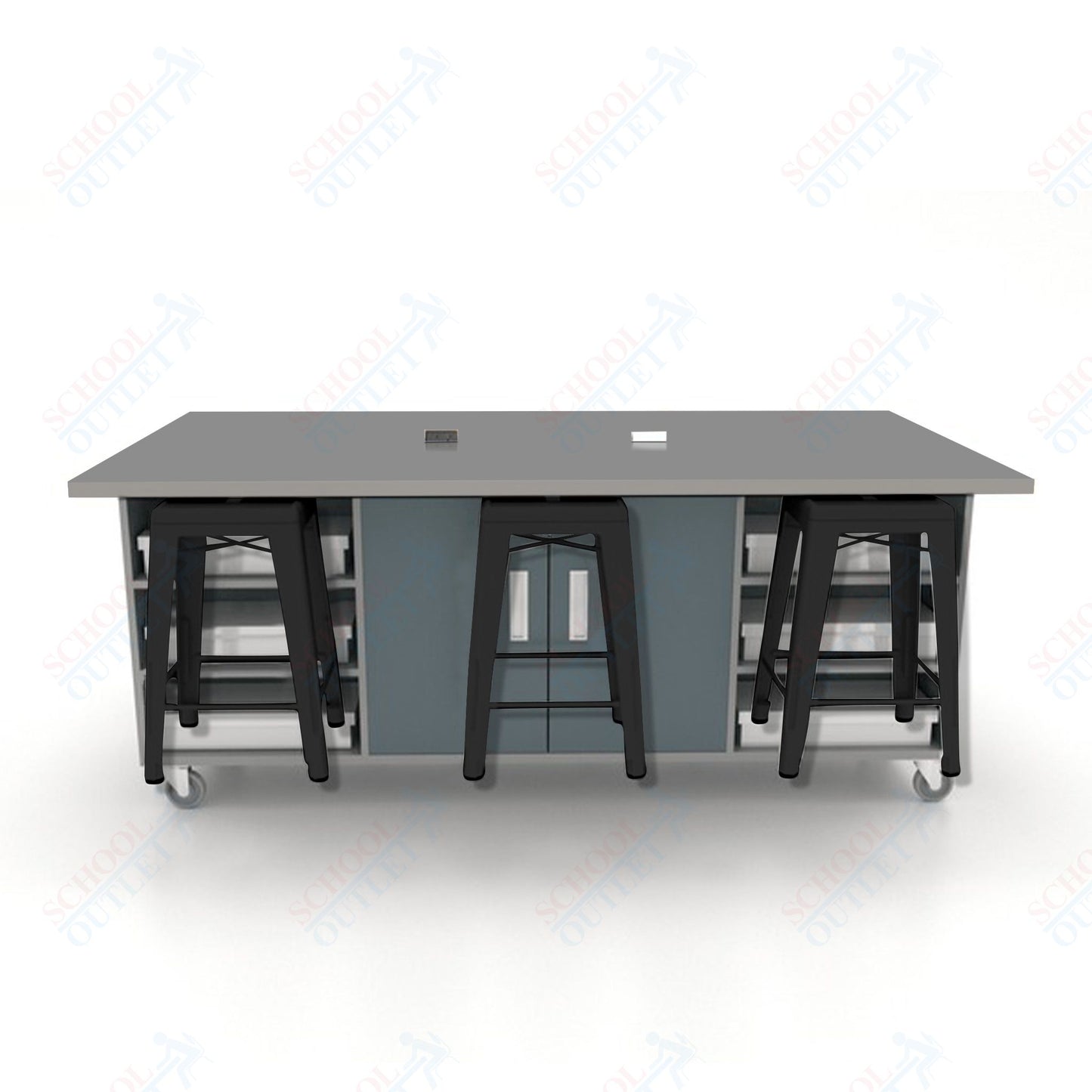 CEF ED Double Table 36"H High Pressure Laminate Top, Laminate Base with  6 Stools, Storage bins, and Electrical Outlets Included.