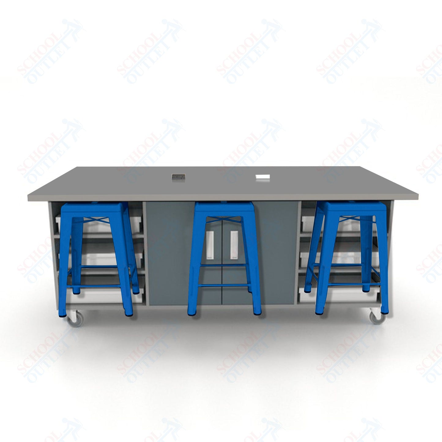 CEF ED Double Table 36"H High Pressure Laminate Top, Laminate Base with  6 Stools, Storage bins, and Electrical Outlets Included.