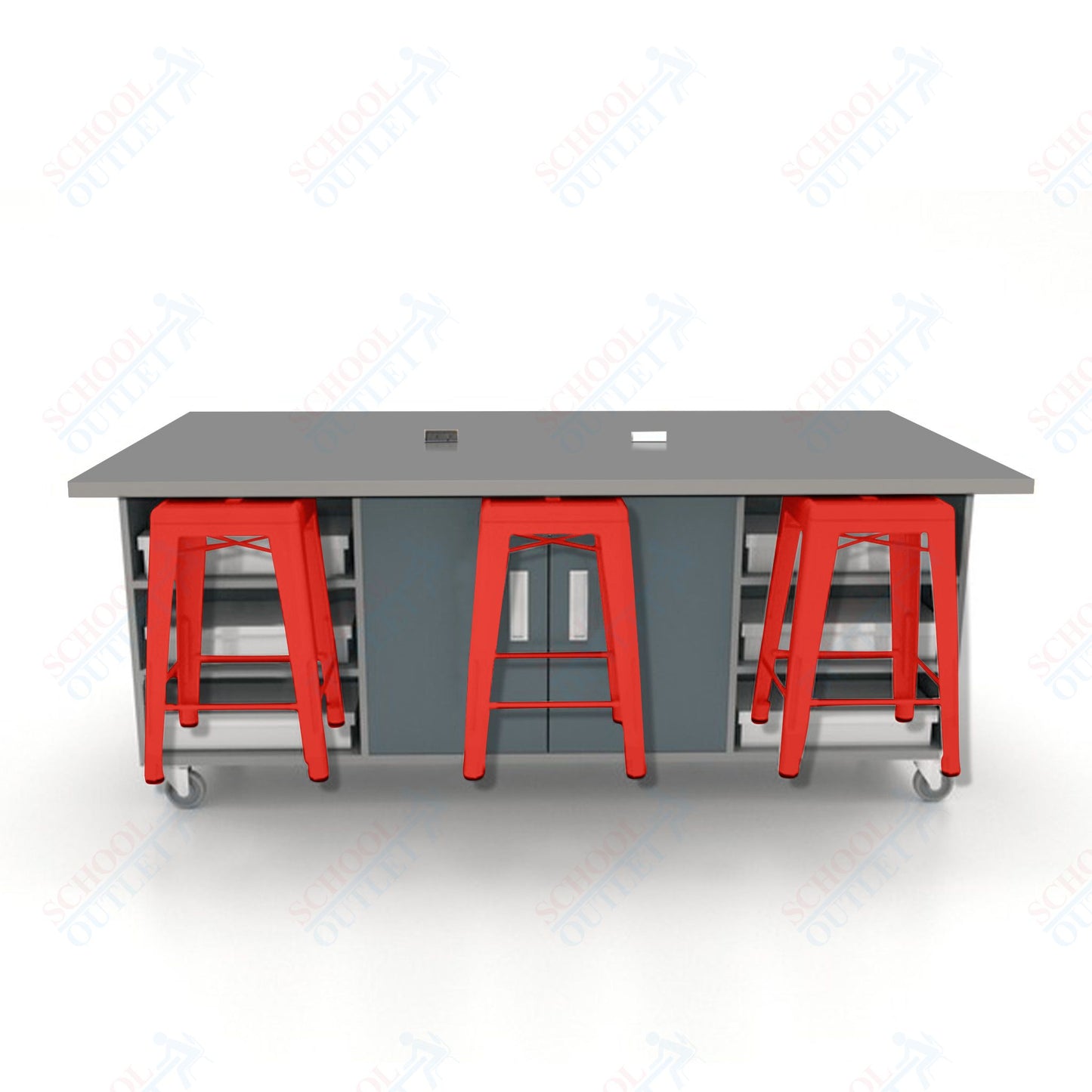 CEF ED Double Table 36"H High Pressure Laminate Top, Laminate Base with  6 Stools, Storage bins, and Electrical Outlets Included.