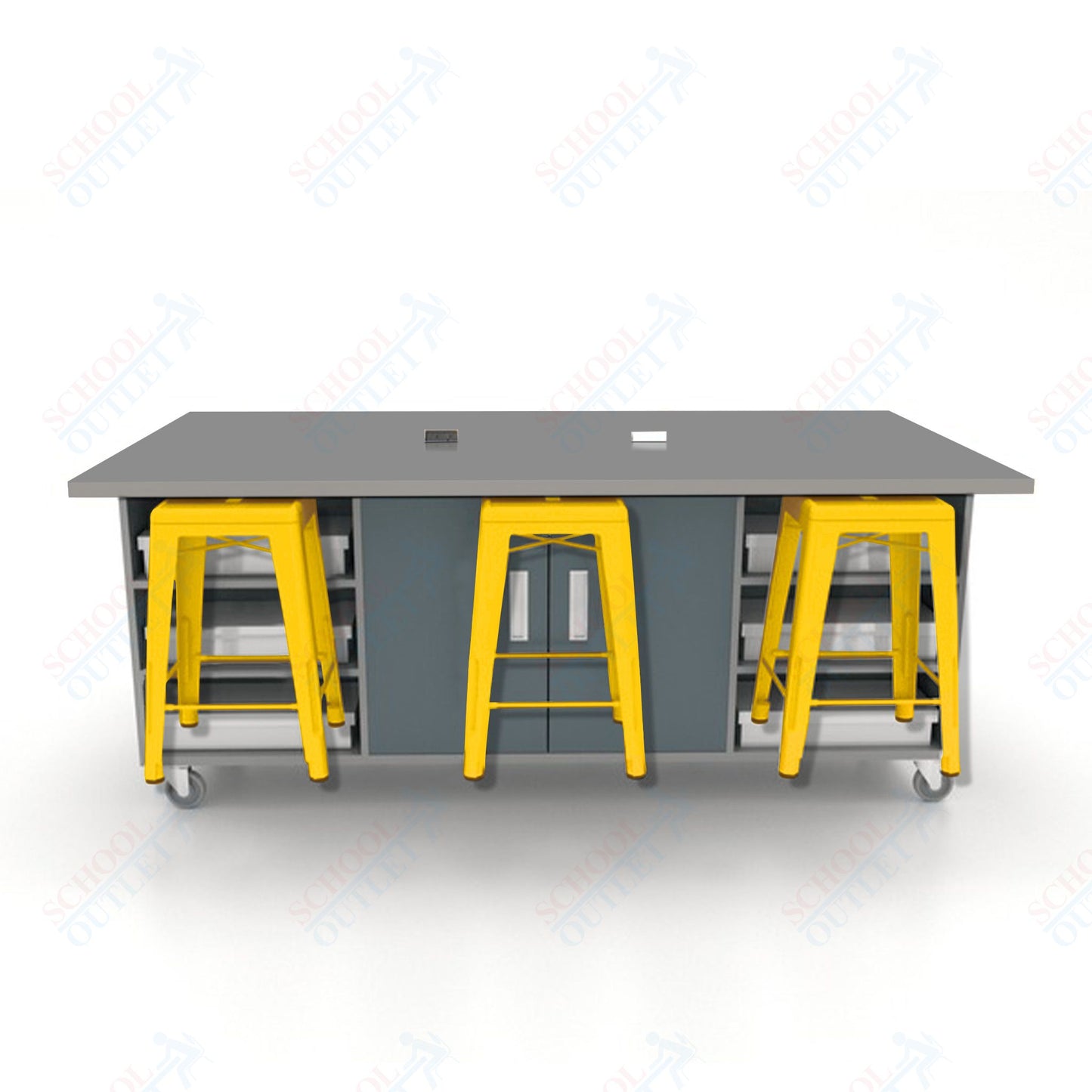 CEF ED Double Table 36"H High Pressure Laminate Top, Laminate Base with  6 Stools, Storage bins, and Electrical Outlets Included.