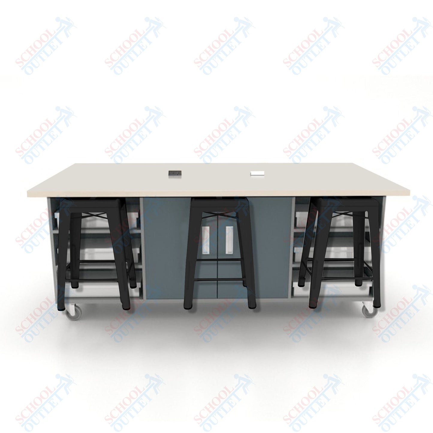 CEF ED Double Table 36"H High Pressure Laminate Top, Laminate Base with  6 Stools, Storage bins, and Electrical Outlets Included.