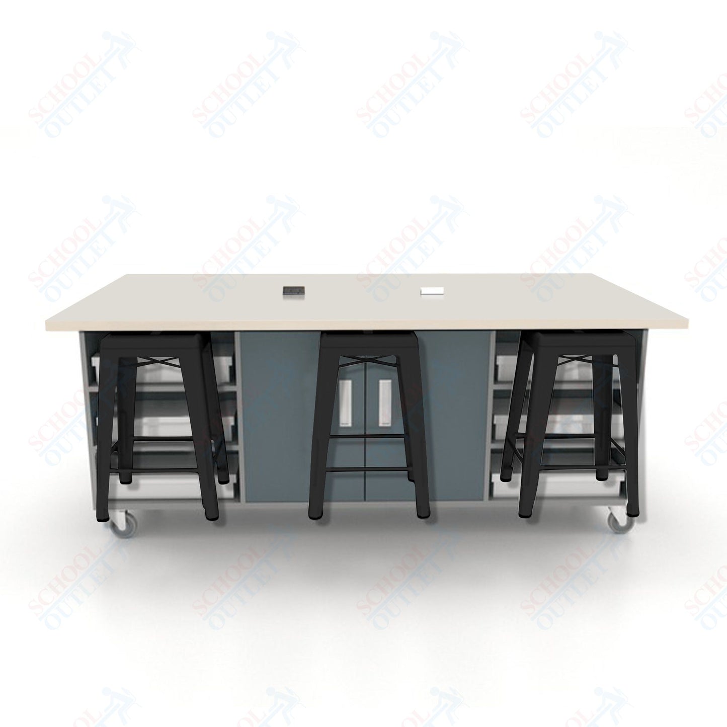 CEF ED Double Table 36"H High Pressure Laminate Top, Laminate Base with  6 Stools, Storage bins, and Electrical Outlets Included.