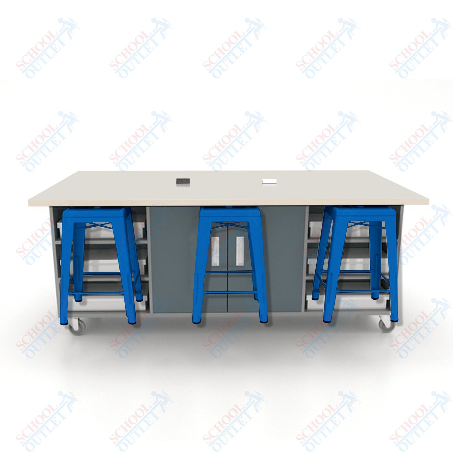 CEF ED Double Table 36"H High Pressure Laminate Top, Laminate Base with  6 Stools, Storage bins, and Electrical Outlets Included.