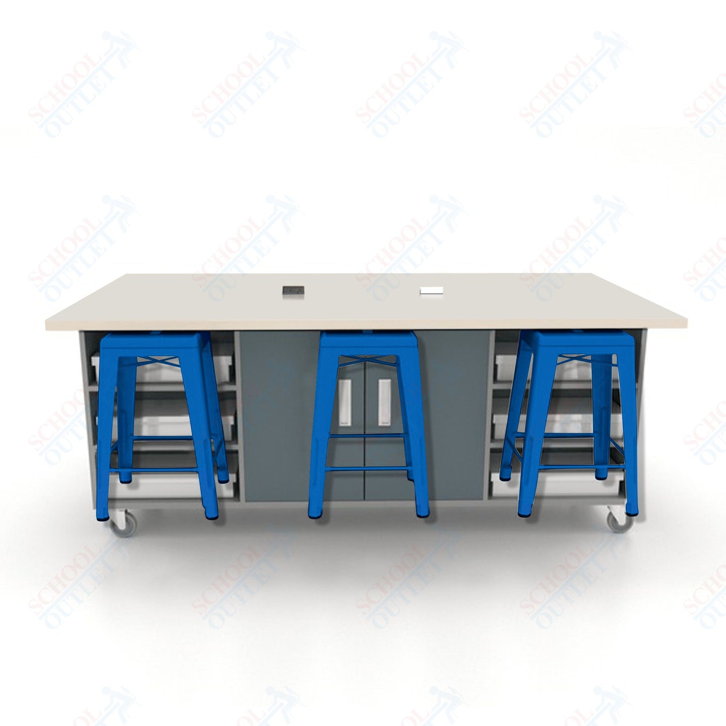 CEF ED Double Table 36"H High Pressure Laminate Top, Laminate Base with  6 Stools, Storage bins, and Electrical Outlets Included.