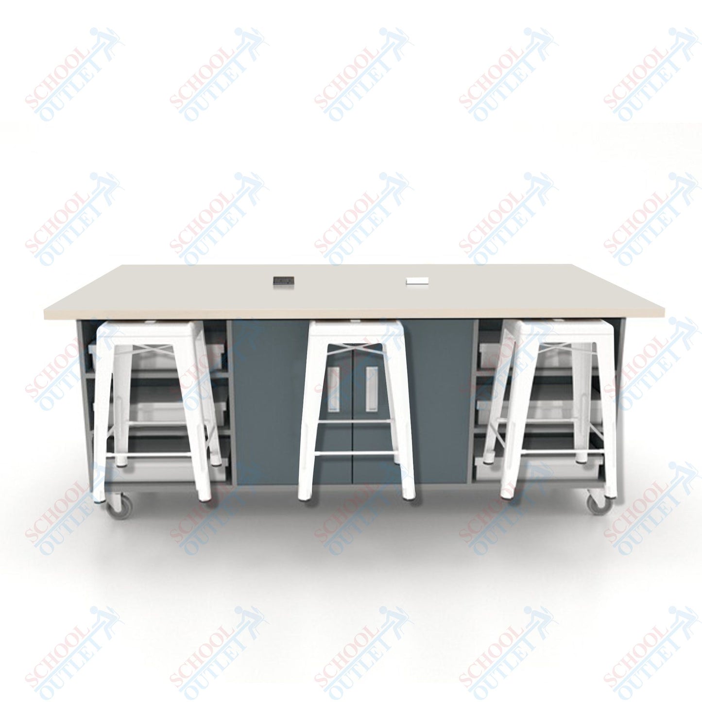 CEF ED Double Table 36"H High Pressure Laminate Top, Laminate Base with  6 Stools, Storage bins, and Electrical Outlets Included.