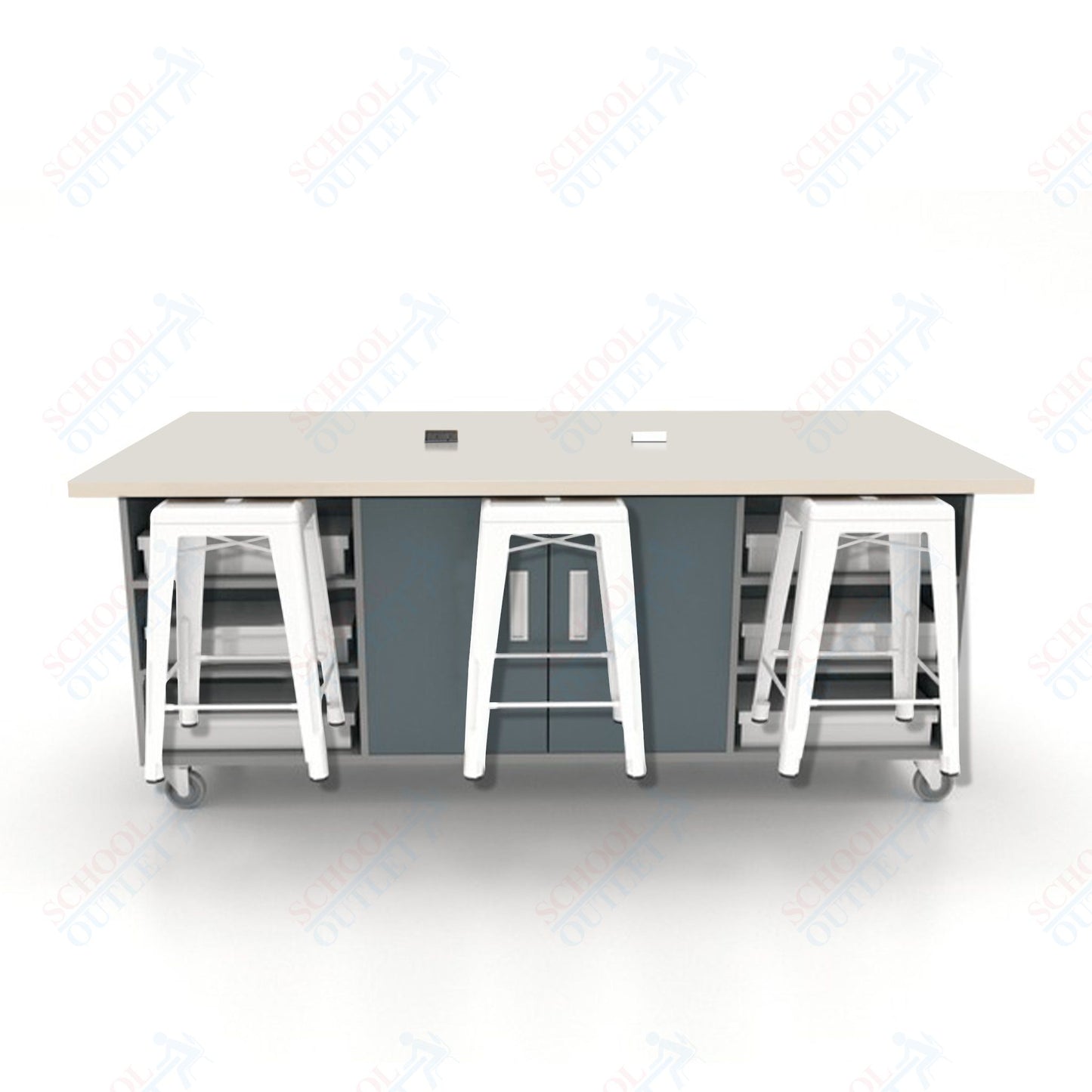 CEF ED Double Table 36"H High Pressure Laminate Top, Laminate Base with  6 Stools, Storage bins, and Electrical Outlets Included.