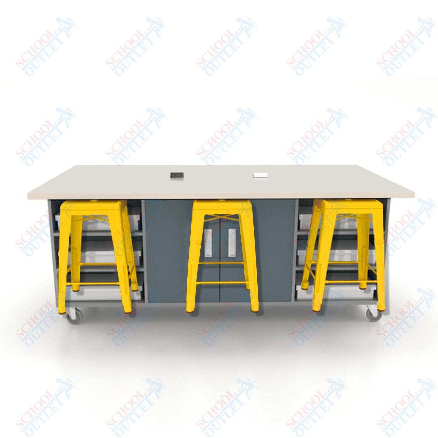 CEF ED Double Table 36"H High Pressure Laminate Top, Laminate Base with  6 Stools, Storage bins, and Electrical Outlets Included.