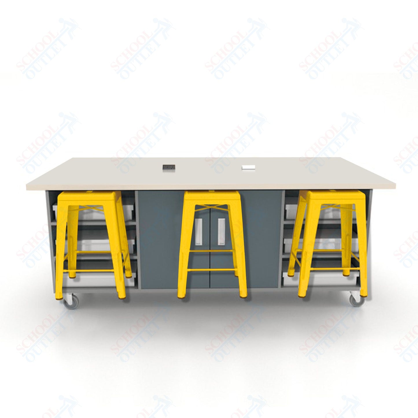 CEF ED Double Table 36"H High Pressure Laminate Top, Laminate Base with  6 Stools, Storage bins, and Electrical Outlets Included.