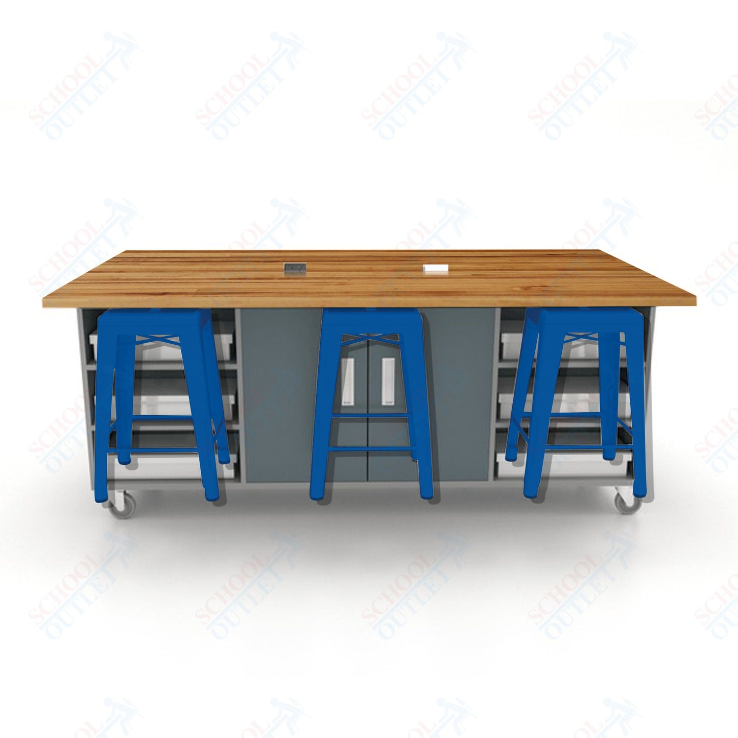 CEF ED Double Table 36"H Butcher Block Top, Laminate Base with  6 Stools, Storage bins, and Electrical Outlets Included.