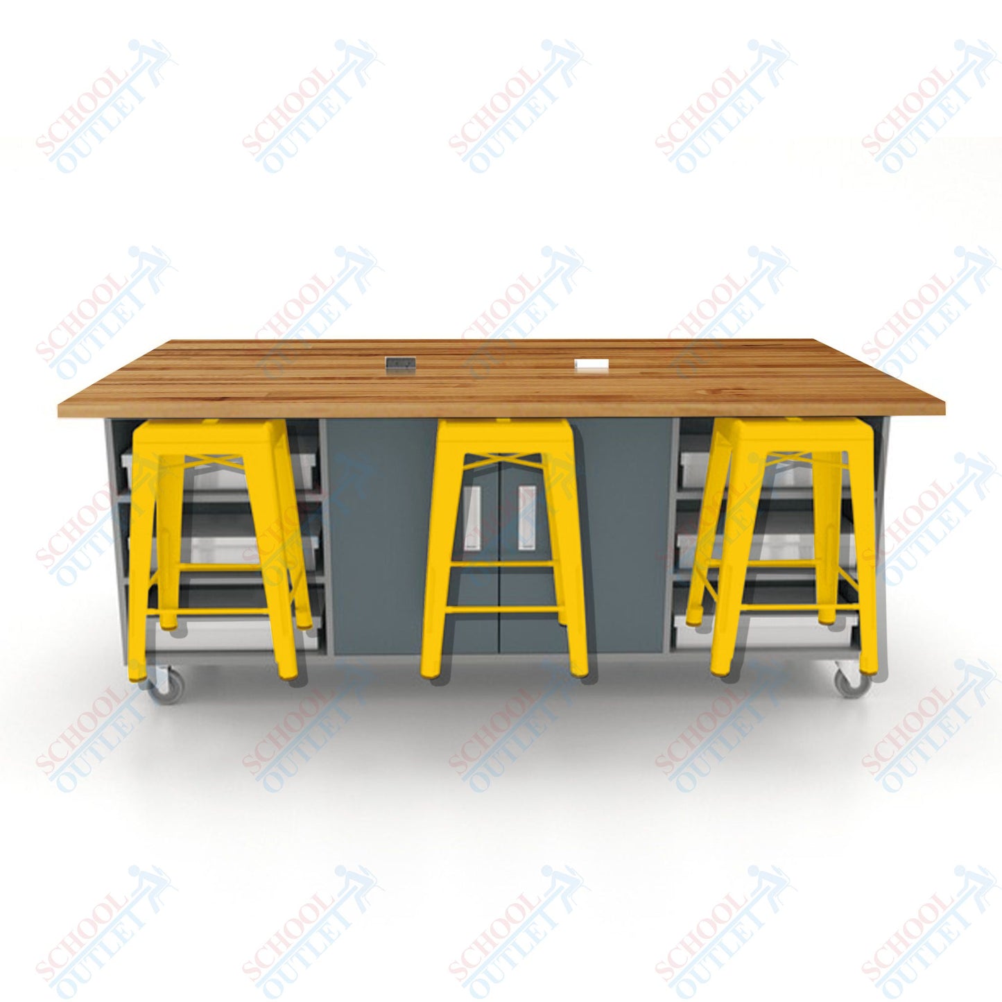CEF ED Double Table 36"H Butcher Block Top, Laminate Base with  6 Stools, Storage bins, and Electrical Outlets Included.